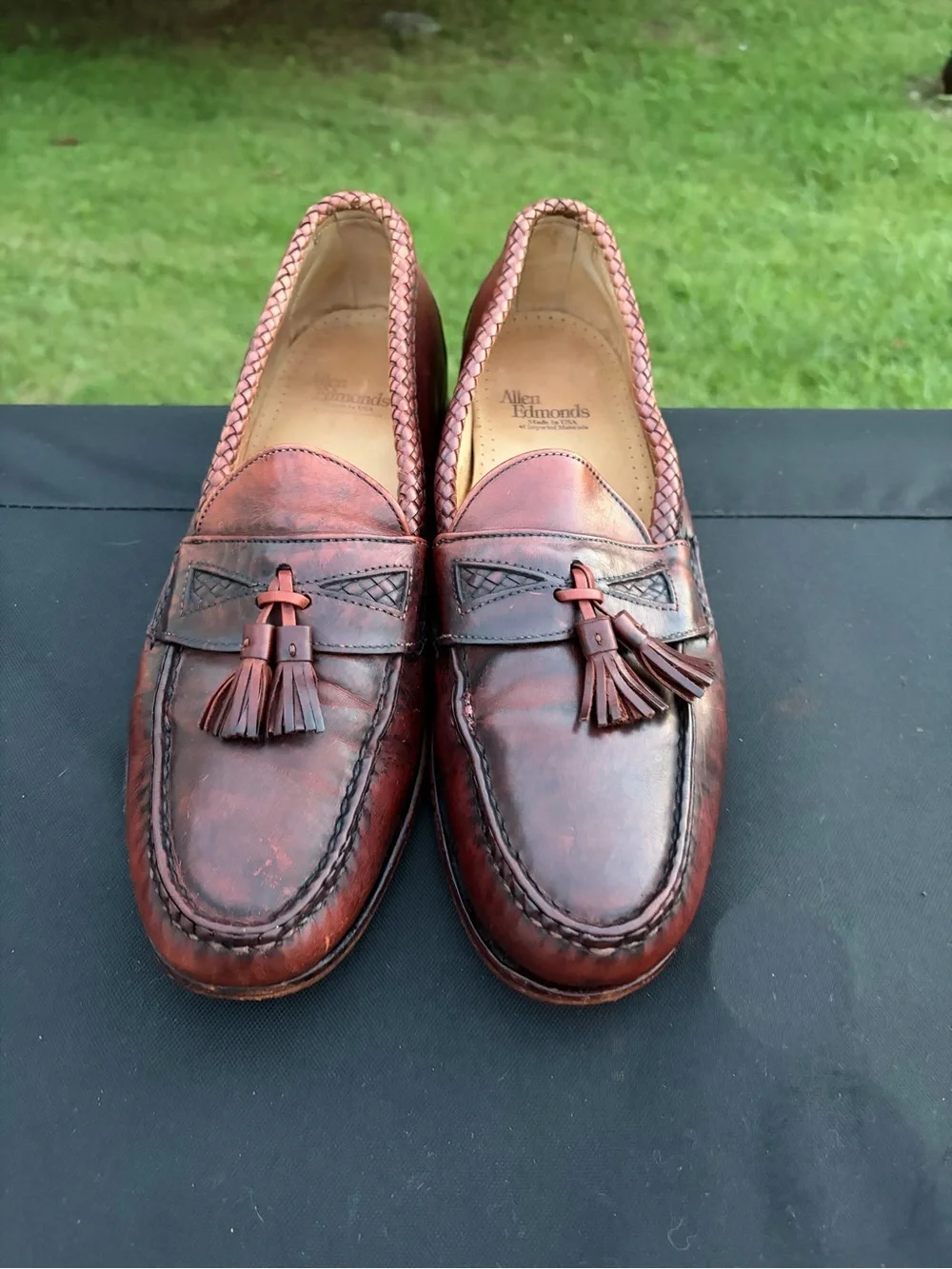 Allen Edmonds Maxfield 13B Tassel Loafers distressed Burgundy Braided USA Made